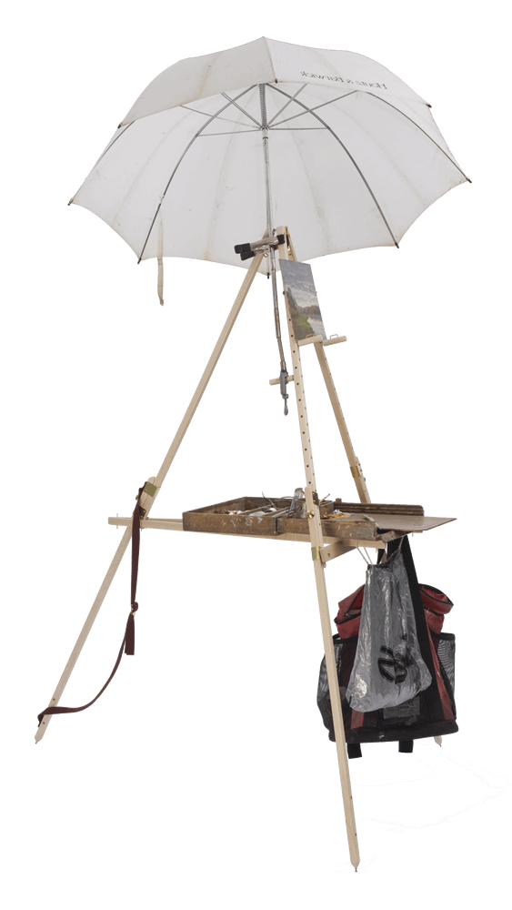 Easily attach an umbrella to your Take It Easel.  An umbrella can be clamped to the extra Artwork Support Peg to shade you and your artwork.