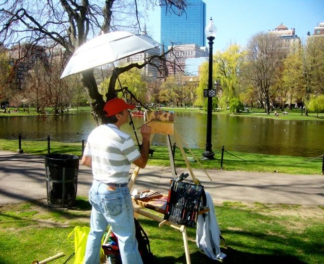 Sergio Roffo painting at his Take It Easel plein aire easel in The Boston Public Garden